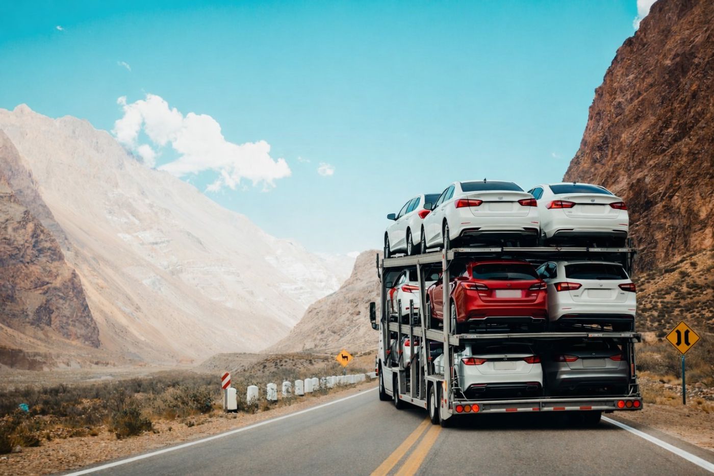 Loaded car hauler on a mountain highway route
