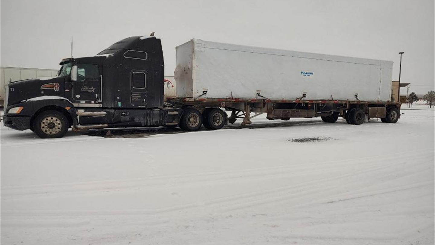 Dry van trailer on a winter route