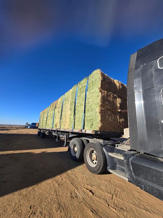 Baled hay stacked on a trailer for agricultural freight