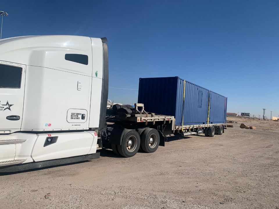 Shipping container on a chassis ready to move